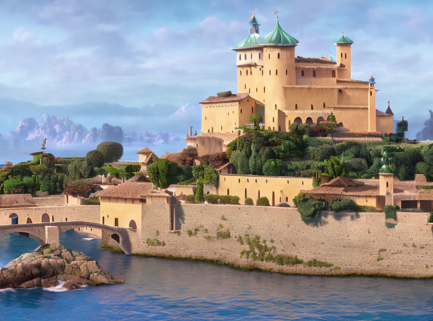 Animated Mediterranean Coastline with Sandy Fortress & Arched Bridge