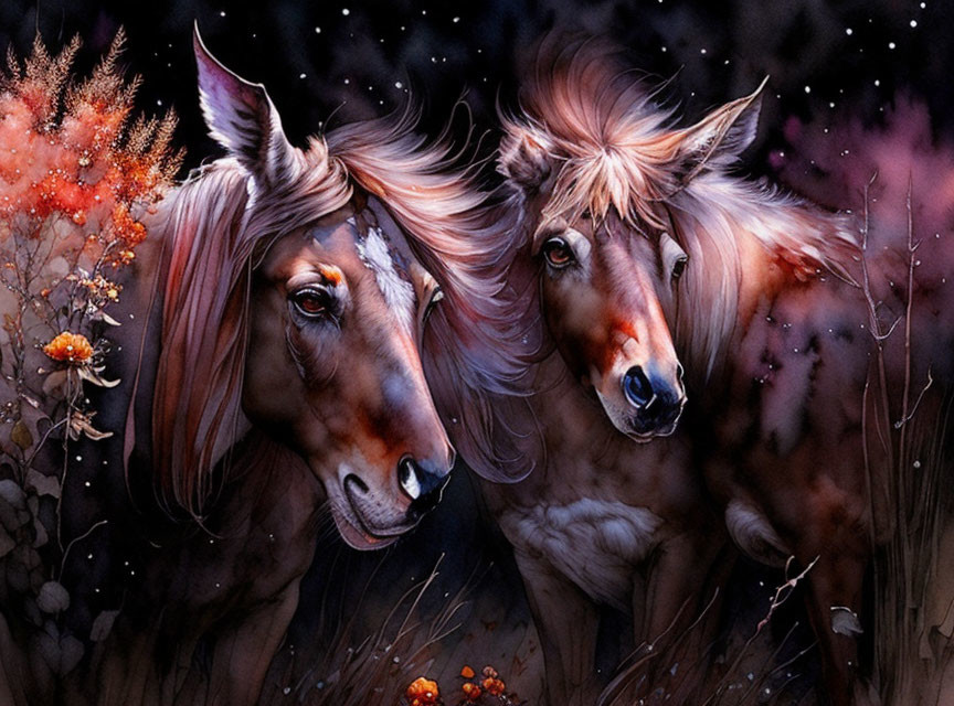 Fantasy art: Two horses with flowing manes on dark, starry background