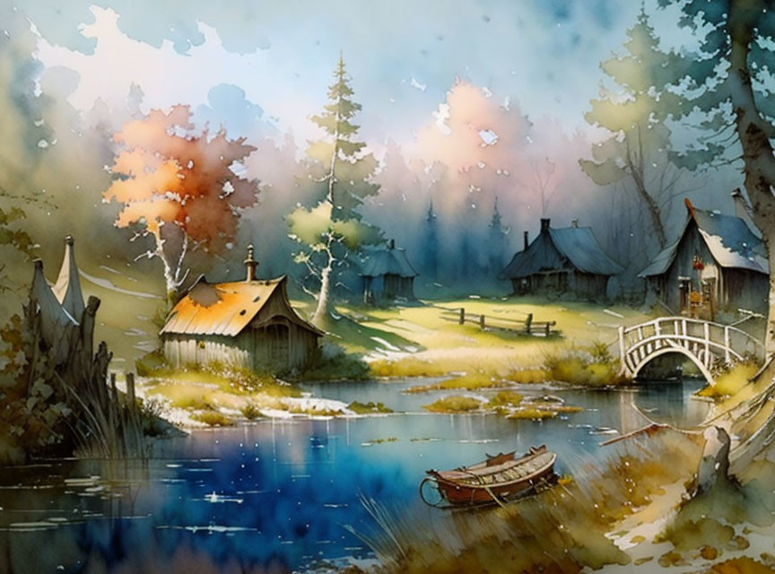 Rustic village watercolor painting with stream, bridge, rowboat, and autumn trees