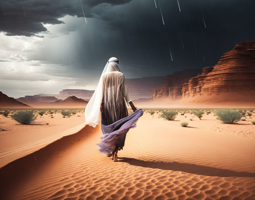 Traditional Arab Attire Figure in Desert with Rain Clouds