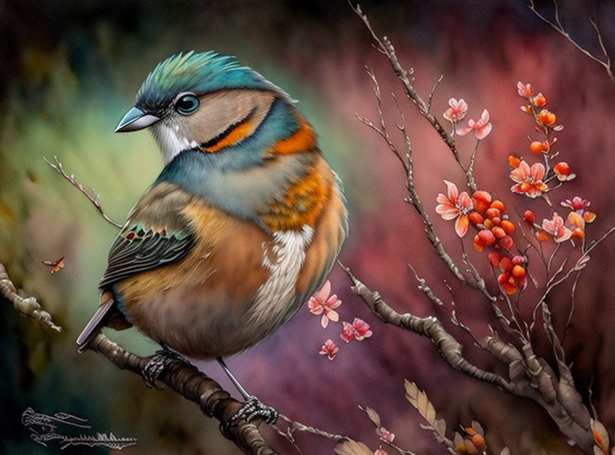 Colorful Bird with Blue, Orange, and Green Plumage Perched Among Pink Flowers and Red Ber