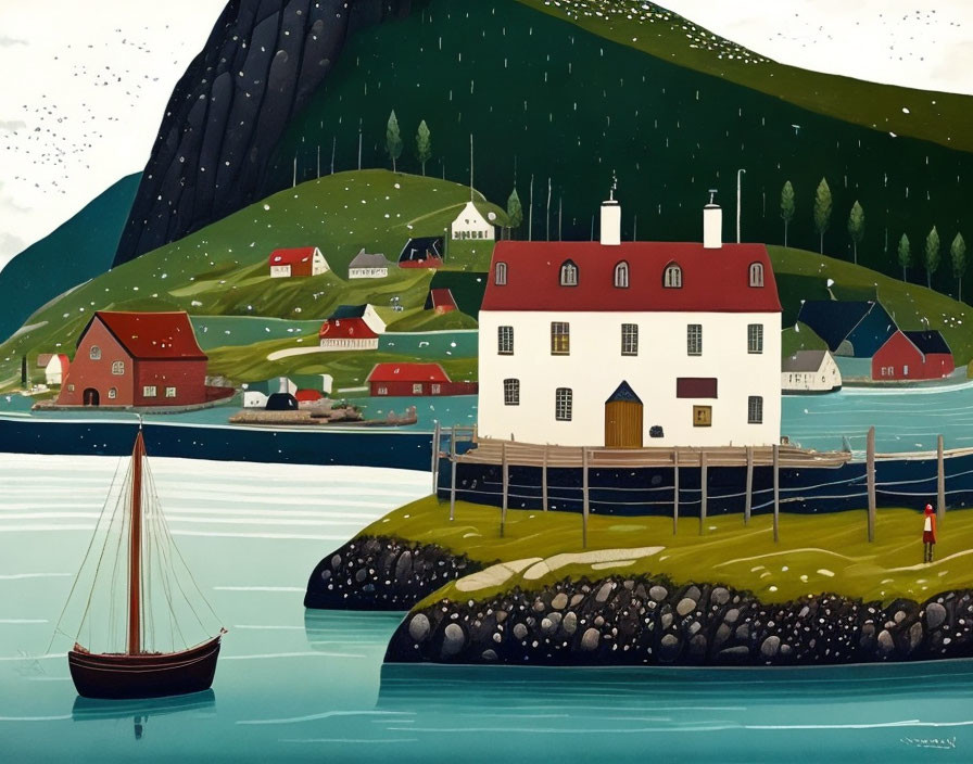 Scenic Nordic village: colorful houses, classic boat, pier, green hills, rainy sky