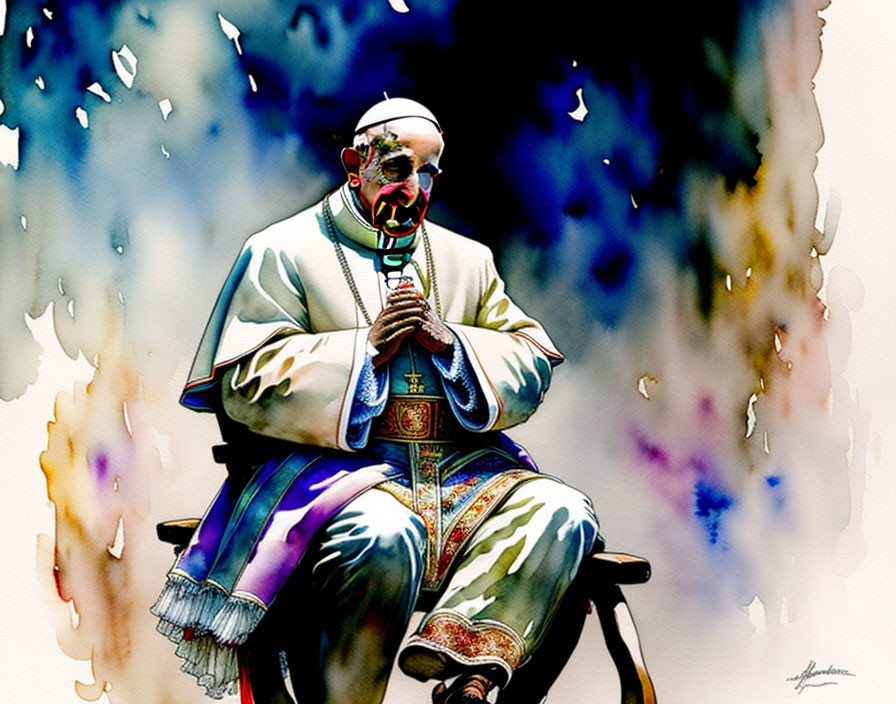 Religious figure in ornate robes and skullcap amid vibrant watercolor splashes