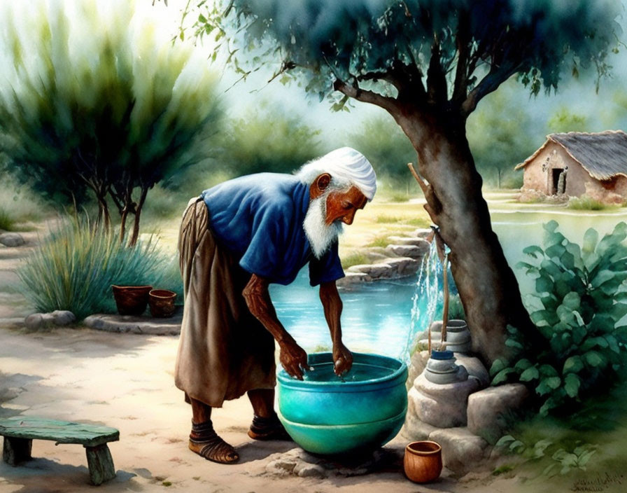 Elderly man in blue clothing collecting water from well