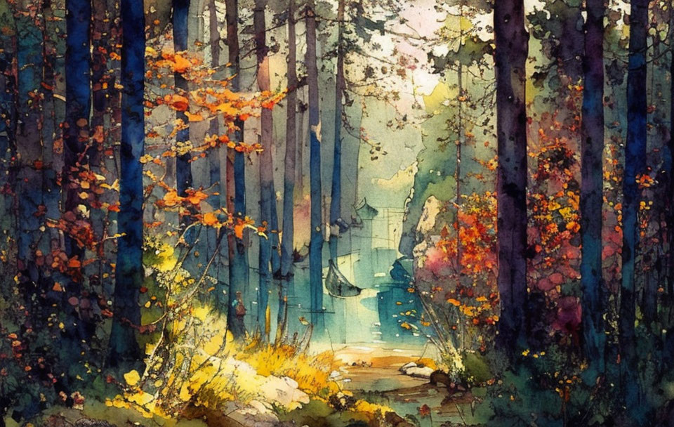 Colorful Watercolor Painting of Forest Path in Autumn