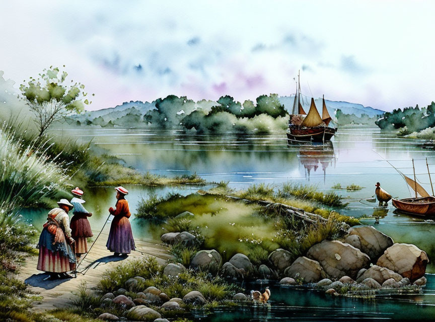 Three people in traditional attire by serene river with sailboat and ducks, lush greenery.