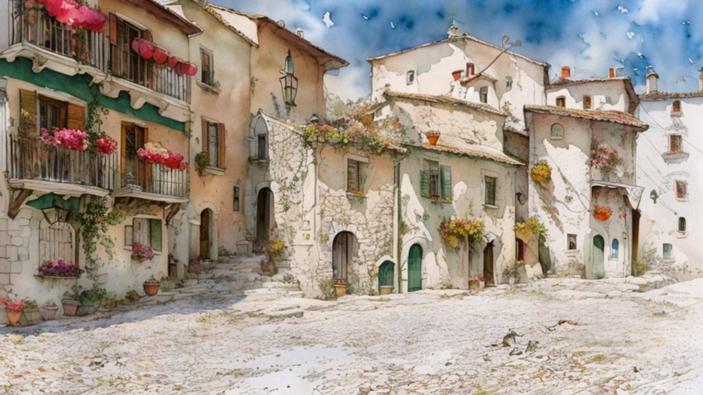 Picturesque village street with cobblestones, stone houses, colorful flower baskets, and greenery under