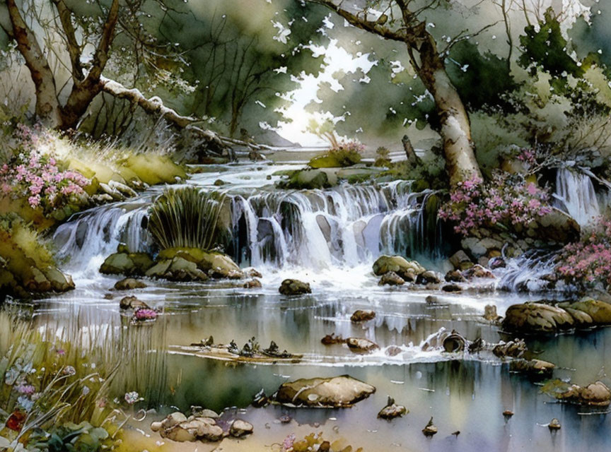 Tranquil watercolor painting of forest waterfall and pond