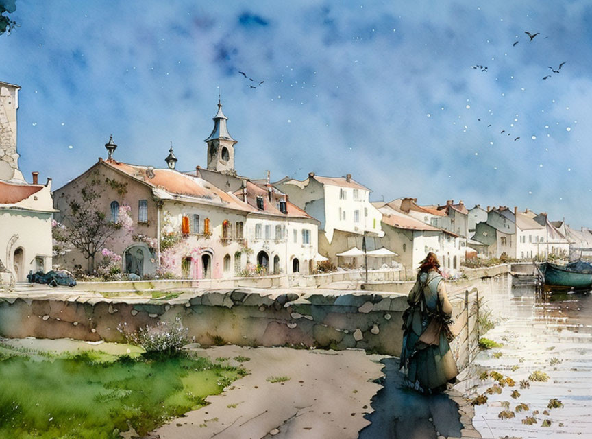 Tranquil riverside village watercolor painting with historic buildings and figure.