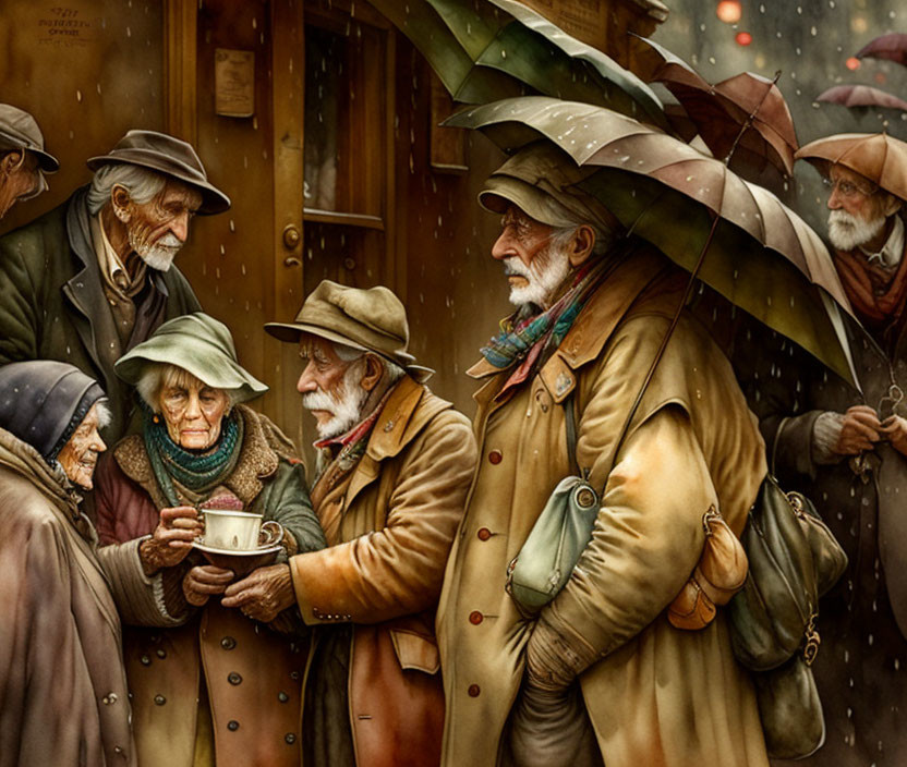 Group of elderly people in coats and hats on a rainy day.