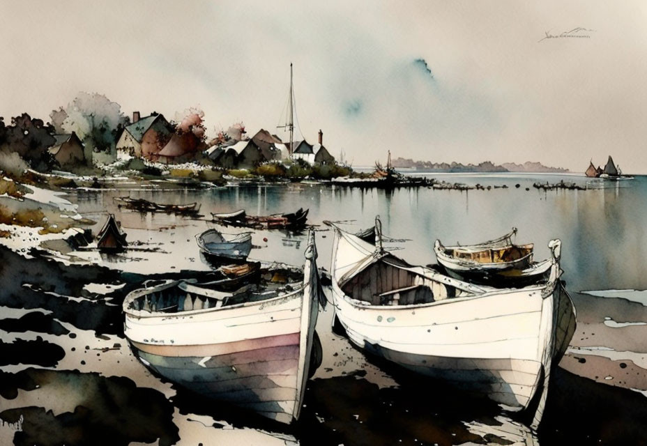 Boats on shore with houses: Watercolor painting of calm water and cloudy sky