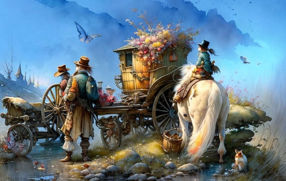 Enchanted landscape with horse-drawn wagon, castles, and vibrant flora