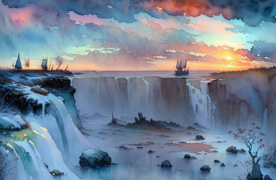 Fantastical winter scene with ships near cliff edge and waterfall at dawn or dusk