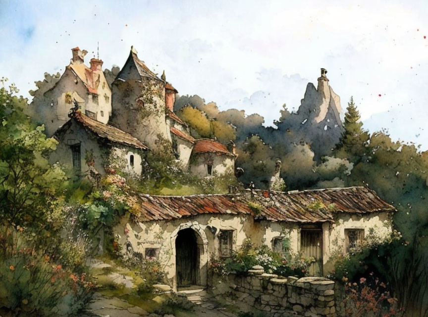 Rustic village watercolor: stone houses, castle, greenery