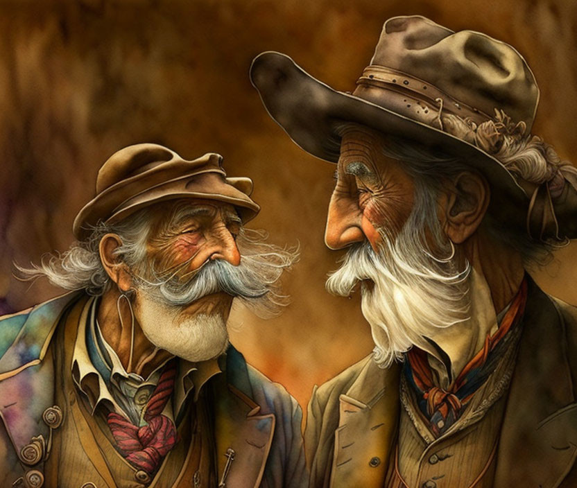 Elderly Men in Hats and Vintage Attire Talking Cheerfully