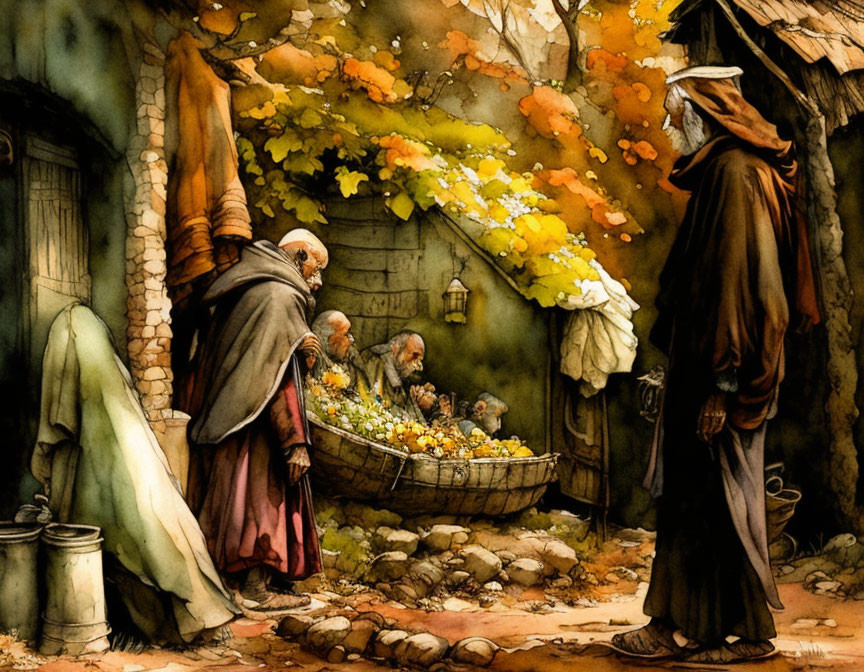 Cloaked Figures in Rustic Market with Autumn Leaves