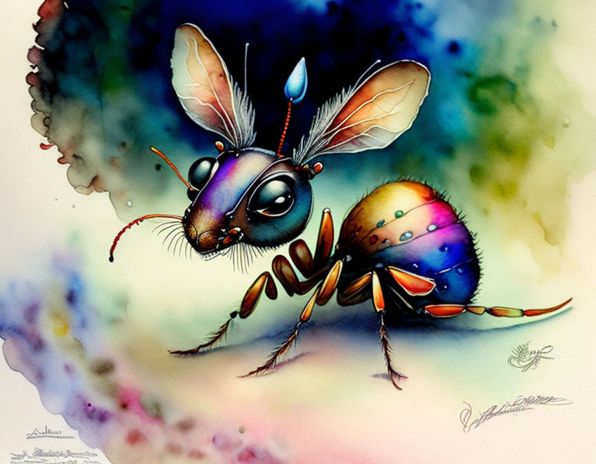 Vibrant Watercolor Painting of Anthropomorphic Insect