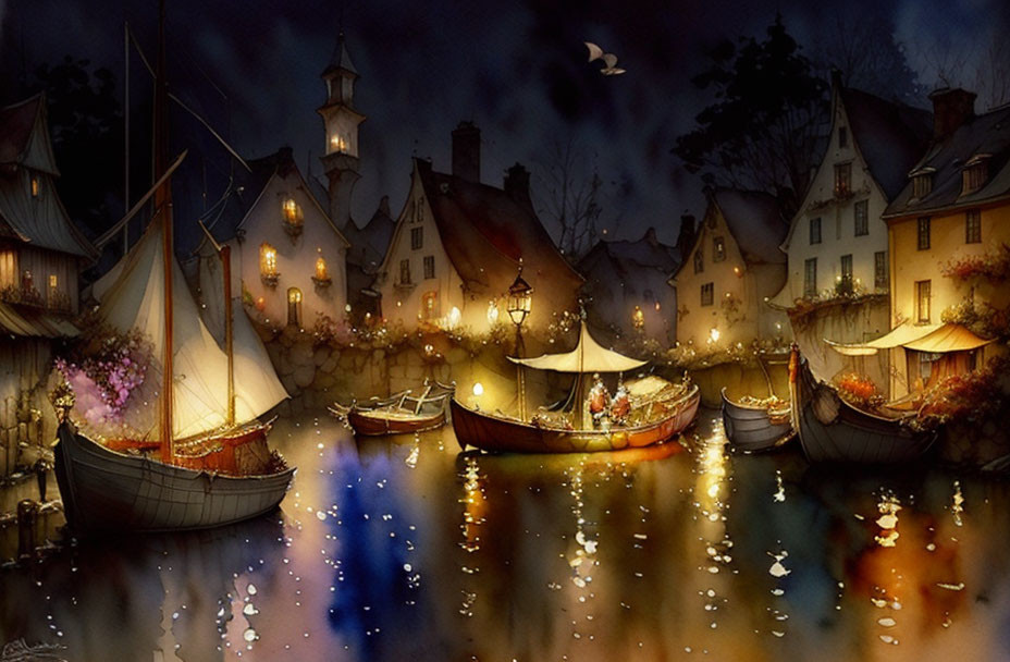 Nighttime Harbor Scene: Cozy Houses, Sailboats, and Calm Waters