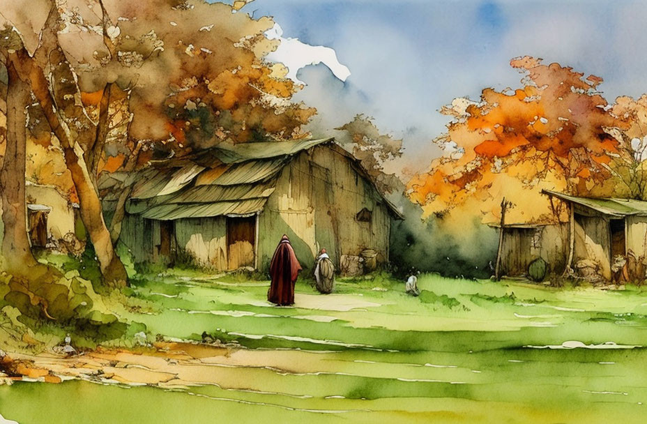 Rural autumn watercolor painting with figures and cabins