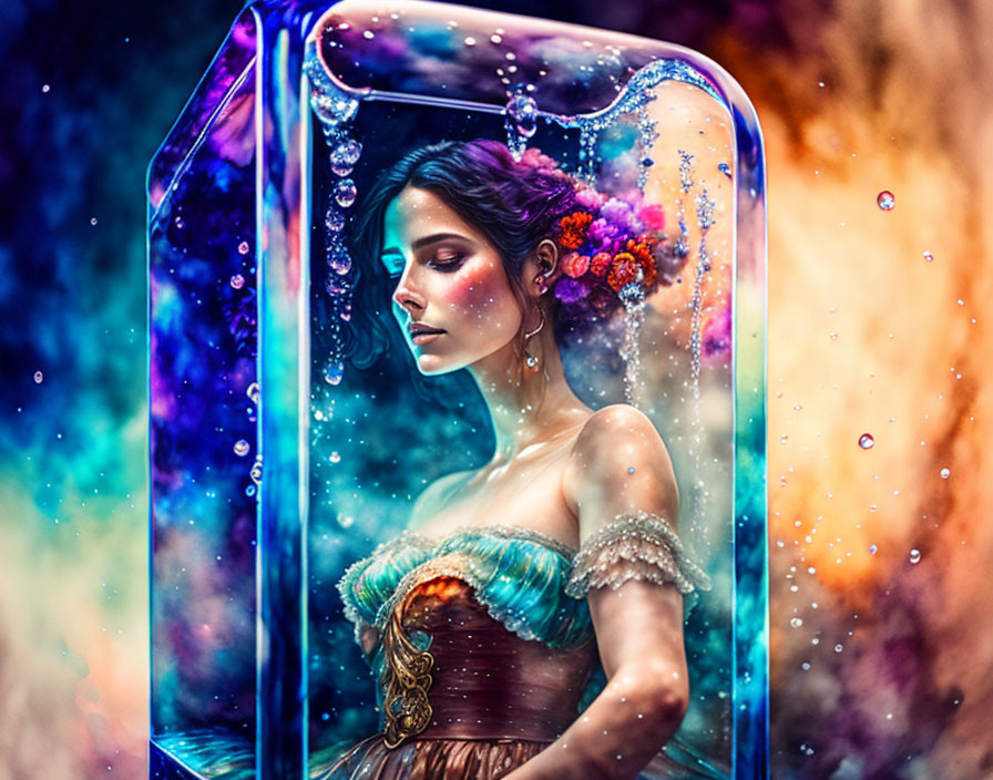 Woman in ornate dress inside luminous crystal on cosmic background.