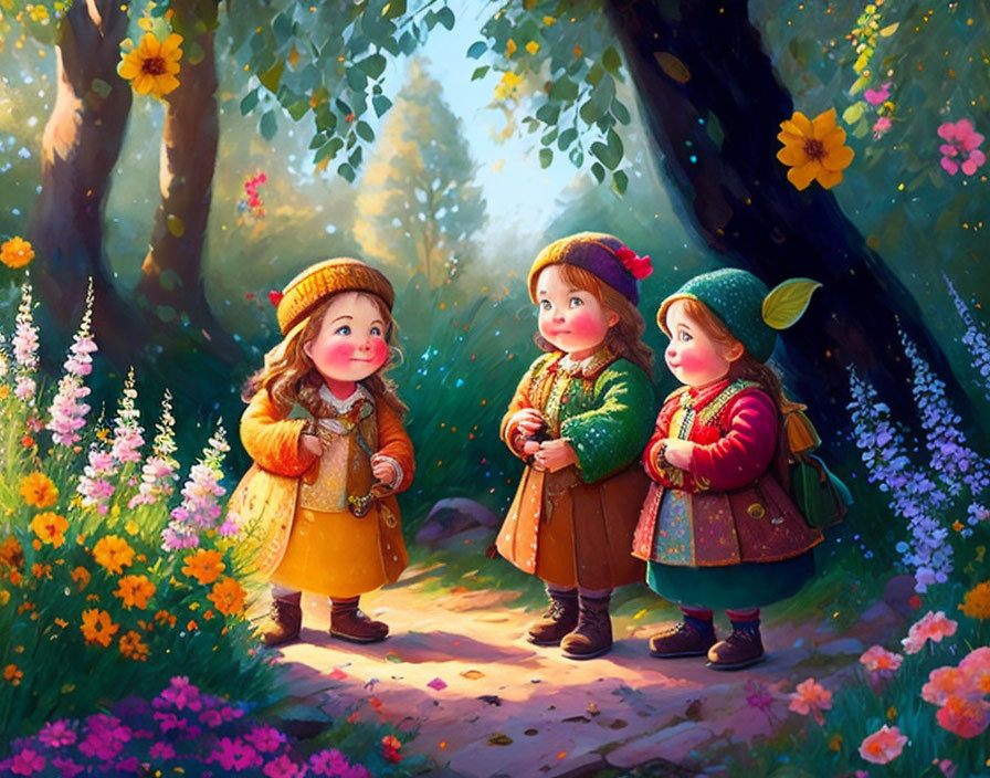 Colorful Forest Scene: Three Children Playing Among Flowers