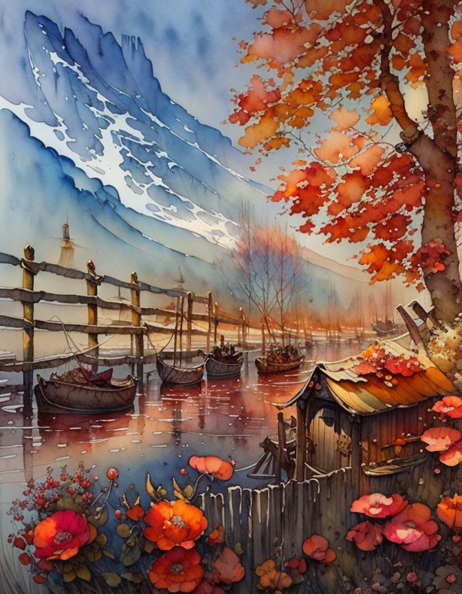 Tranquil lakeside scene with boats, dock, autumn trees, flowers, mountain