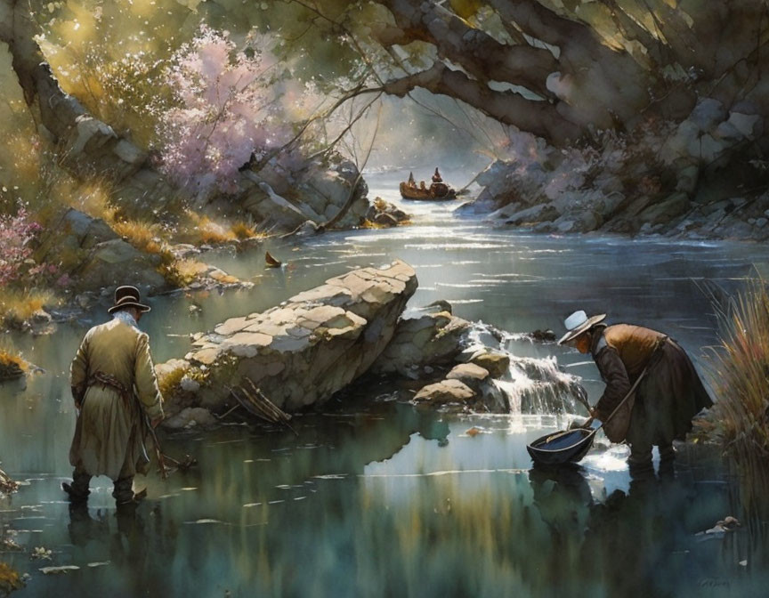 Traditional attire individuals fishing in serene river with blossoming trees and rocky landscape.