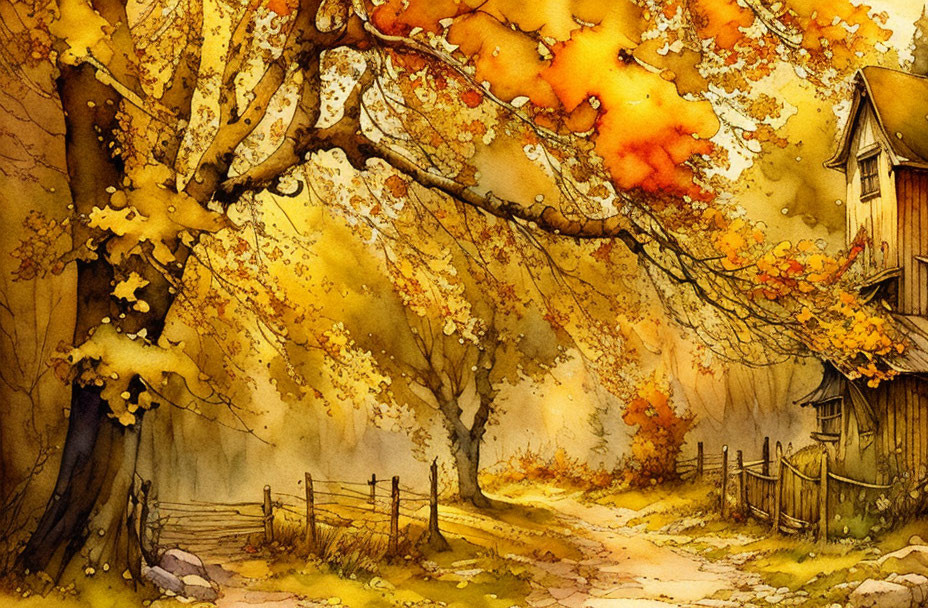 Vibrant fall trees in watercolor painting.