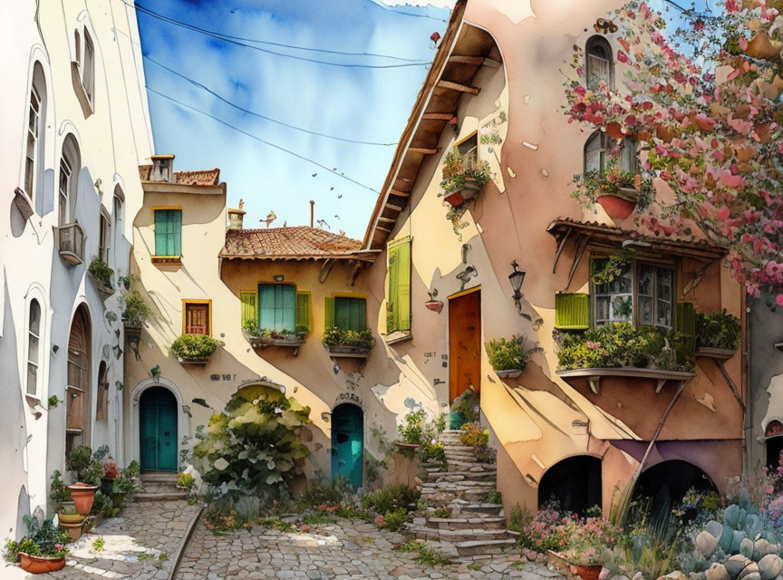 Charming cobblestone street with vibrant flowering plants and pastel-colored houses