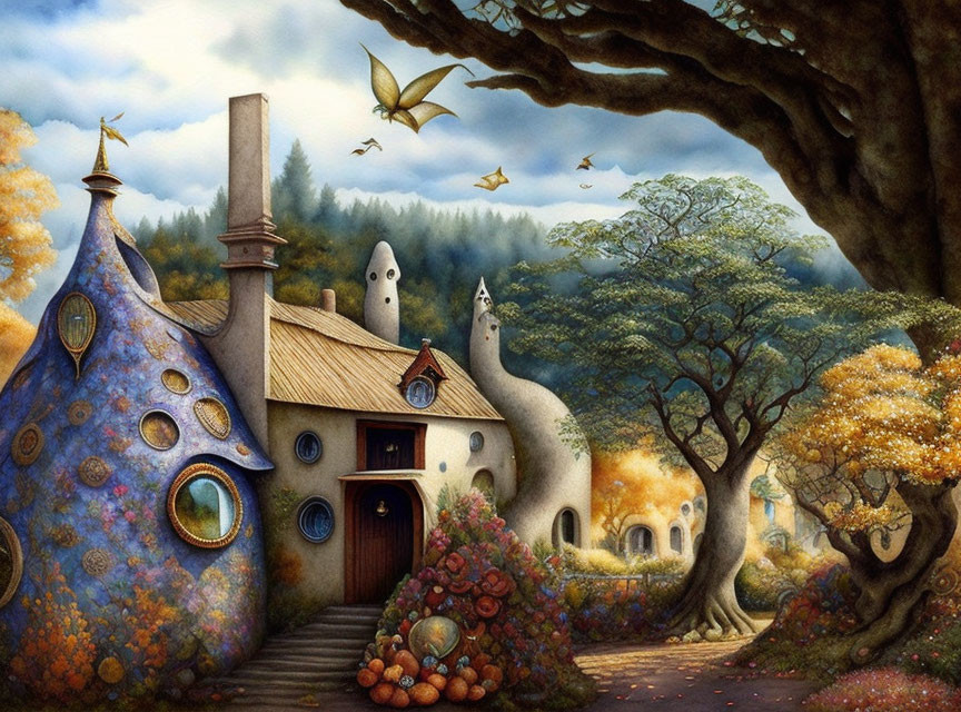 Whimsical autumn cottage with round doors and windows surrounded by trees and birds