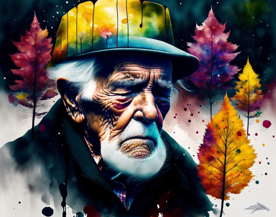 Elderly Man Portrait with Cap in Autumn Abstract Background