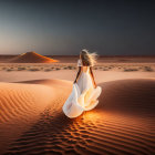 Woman in flowing white dress walking in desert at twilight