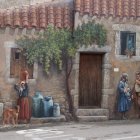 Vintage illustration: Quaint street scene with historical figures and old stone buildings
