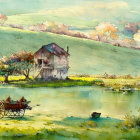 Tranquil watercolor countryside landscape with house, lake, rowboat, and horse-drawn cart