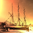 Vivid watercolor painting of majestic sailing ship at dock