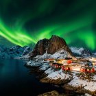 Person admiring aurora borealis on beach at night with stars and waves.