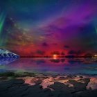 Couple holding hands on beach under vibrant aurora lights