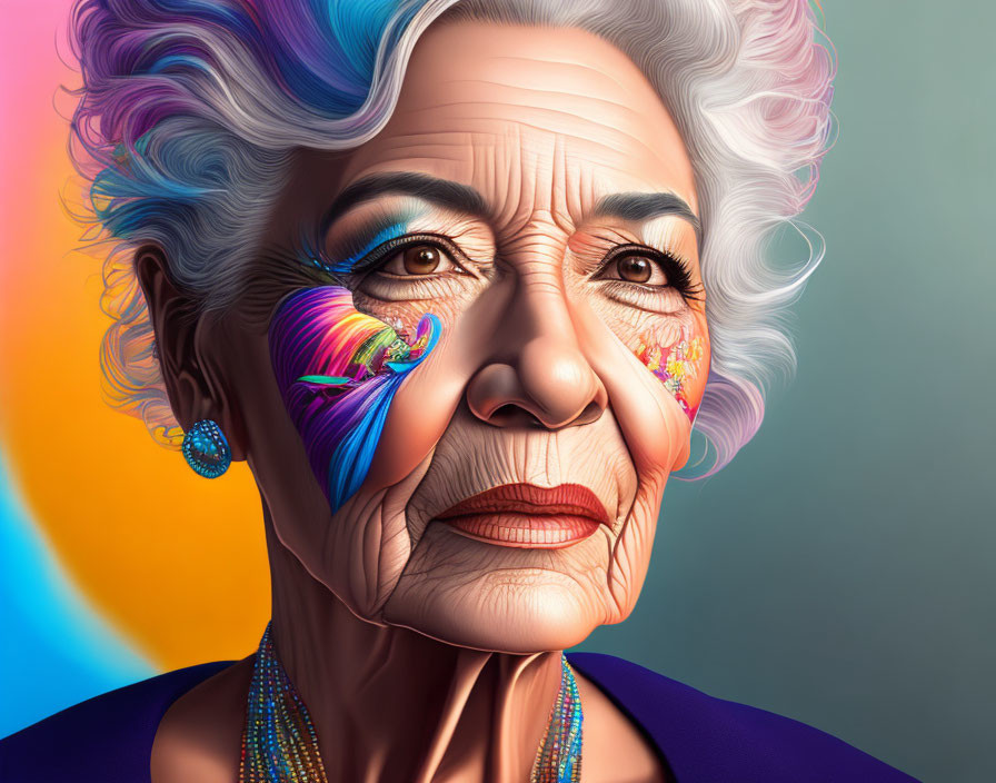 Elderly woman illustration with colorful makeup and jewelry