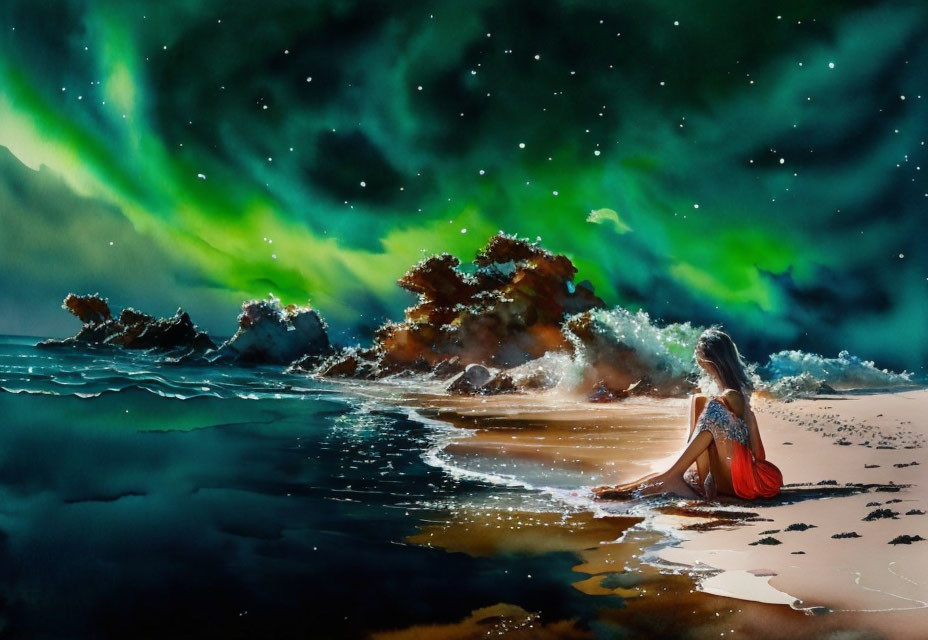 Person admiring aurora borealis on beach at night with stars and waves.