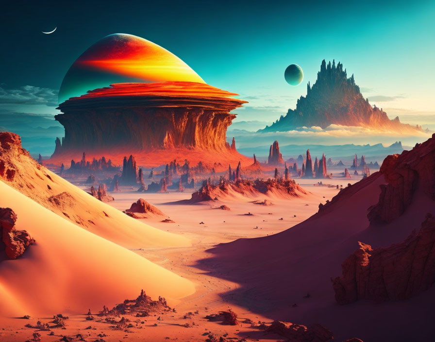 Fantastical desert landscape with towering rock formations and alien planets.