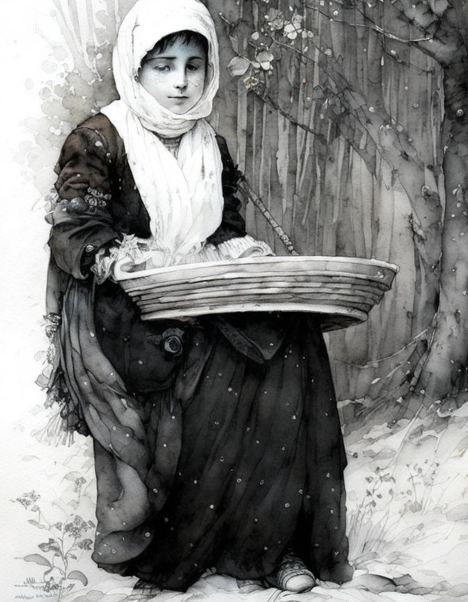 Monochromatic illustration of young girl in traditional attire with basket in snowfall