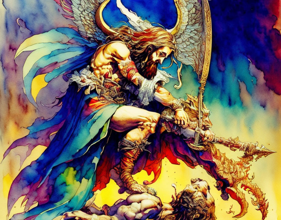 Fantasy illustration of angelic warrior with wings, sword, armor, defeating demon