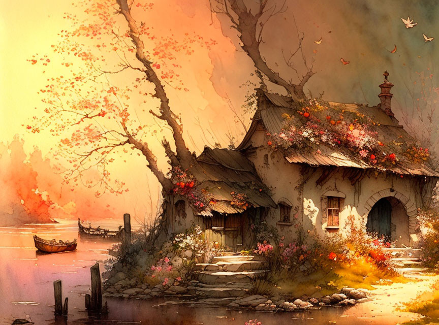 Tranquil cottage by lake with floral roof, autumn trees, and boat docked