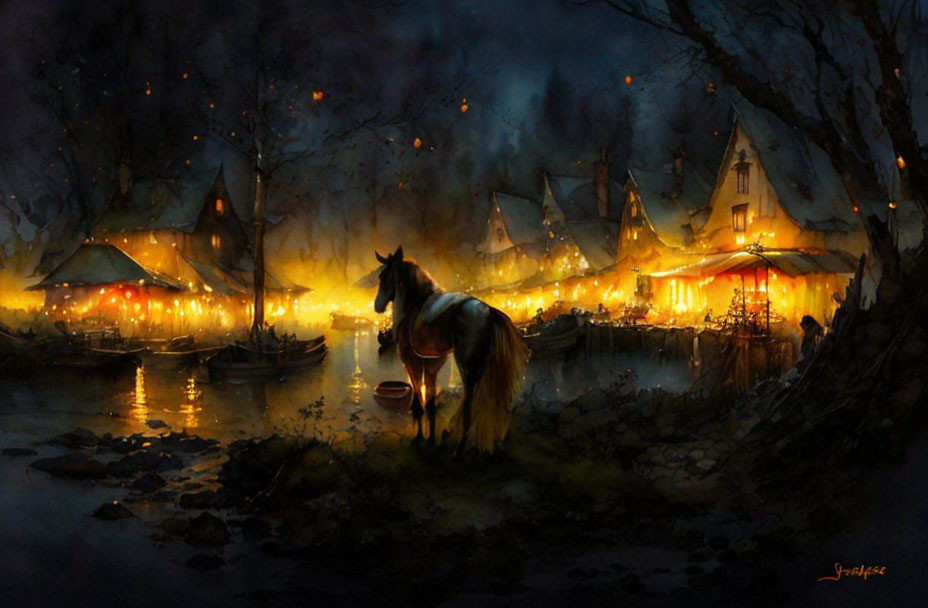 Twilight village scene with glowing lights and lone horse by water