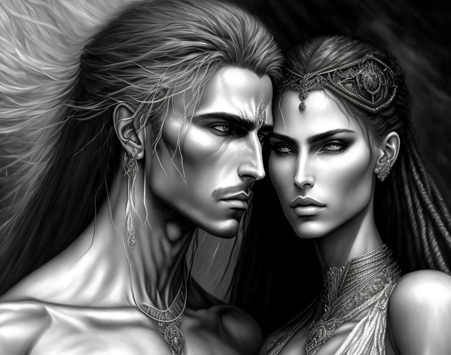 Monochrome digital artwork of elf-like man and woman with elaborate jewelry