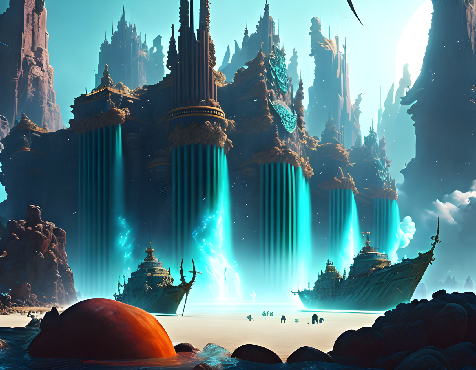 Alien landscape with towering structures and spacecraft above glowing ground