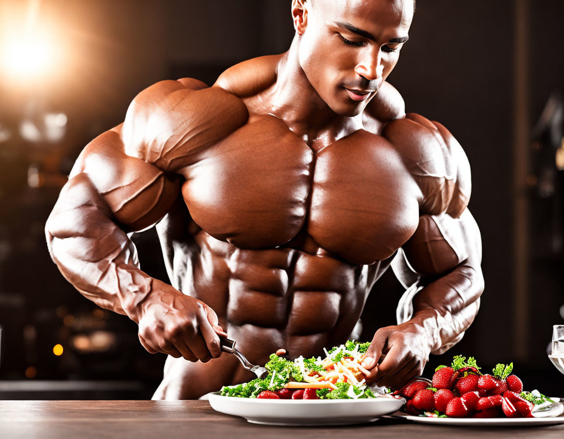 Muscular Person Preparing Salad Emphasizing Fitness and Diet