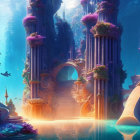 Majestic underwater city with coral towers and glowing ambiance