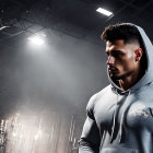 Man in Grey Athletic Hoodie Contemplating in Gym Setting