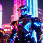 Futuristic armored robot with blue neon lights in cyberpunk cityscape